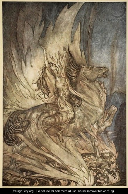 Brunnhilde on Grane leaps on to the funeral pyre of Siegfried, illustration from Siegfried and the Twilight of the Gods, 1924 - Arthur Rackham