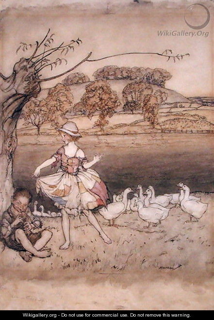 Tattercoats dancing while the gooseherd pipes, illustration from English Fairy Tales, retold by F.A. Steel, published 1918 - Arthur Rackham