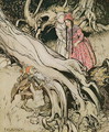 The end of his beard was caught in a tree, illustration from Snow White and Rose Red, from Fairy Tales of the Brothers Grimm, 1900 - Arthur Rackham