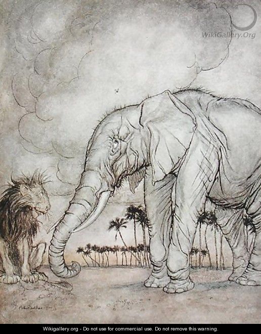 The Lion, Jupiter and the Elephant, illustration from Aesops Fables, published by Heinemann, 1912 - Arthur Rackham