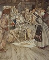 Gold pieces fell down on the cloth illustration to Washing Table, Golden Ass and Cudgel from Fairy Tales of the Brothers Grimm, 1900 - Arthur Rackham