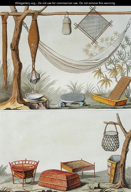 Domestic Tools and Furniture, Carib Tribe, Dutch Antilles, plate 69 from Le Costume Ancien et Moderne by Jules Ferrario, published c.1820s-30s - Vittorio Raineri