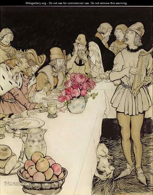 How at a great feast that King Mark made came Eliot the harper and sang the lay that Dinadan had made - Arthur Rackham