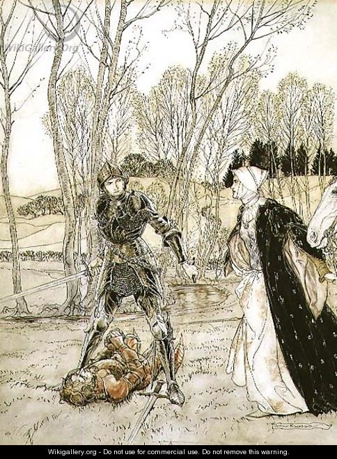 How Beaumains defeated the Red Knight, and always the damosel spake many foul words unto him - Arthur Rackham