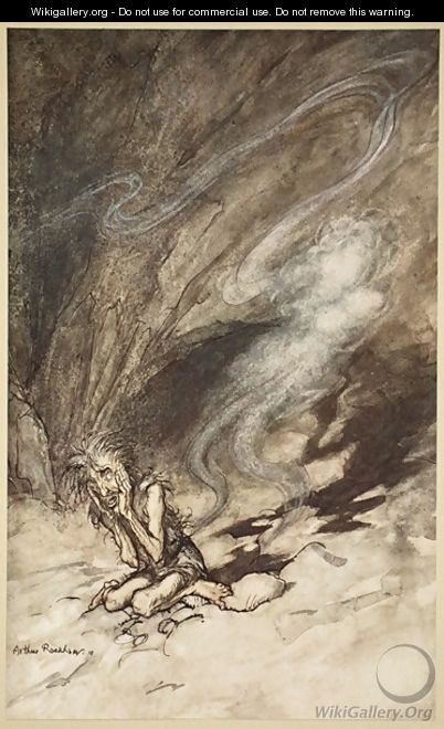 Mime writhes under the lashes he receives, illustration from The Rhinegold and the Valkyrie, 1910 - Arthur Rackham