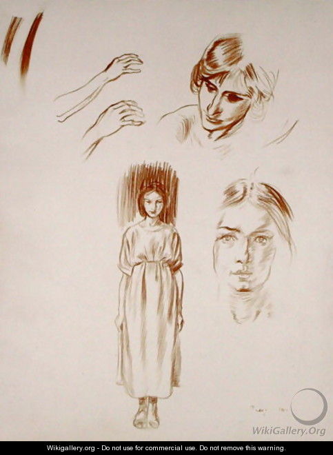 Studies of a woman, of faces and of hands - Arthur Rackham