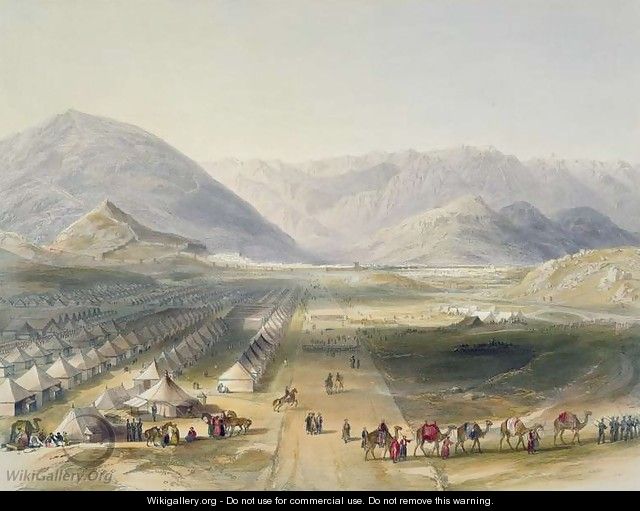 Encampment of the Kandahar Army under General Nott, outside the walls of Caubul, on the evacuation of Afghanistan by the British, plate 5 from Scenery, Inhabitants and Costumes of Afghanistan, engraved by R. Carrick c.1829-1904, 1848 - (after) Rattray, James