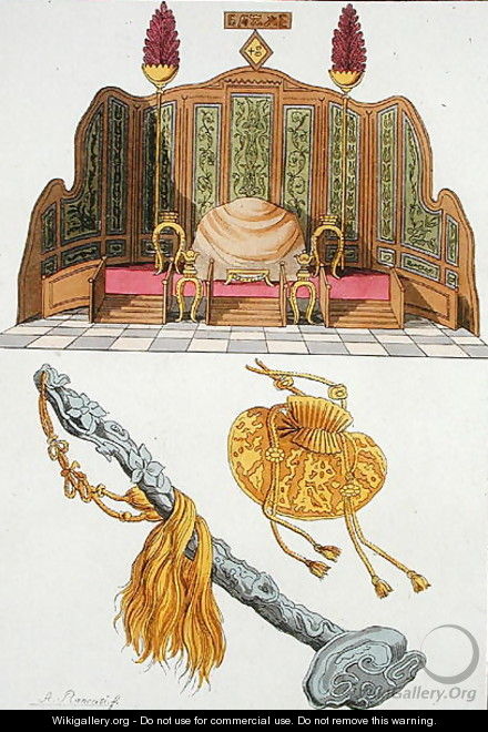Throne of a Chinese Emperor, Yo-yo sceptre and cap, illustration from Le Costume Ancien et Moderne by Giulio Ferrario, published c.1820s-30s - Antonio Rancati