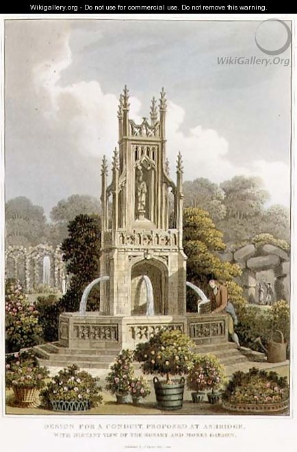 Design for a Conduit, Proposed at Ashridge, with Distant View of the Rosary and Monks Garden, from Fragments on the Theory and Practice of Landscape Gardening, pub. 1816 - Humphry Repton