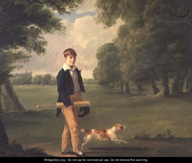 Young Man with a Cricket Bat Walking a Spaniel in the Grounds of Eton College - Ramsay Richard Reinagle