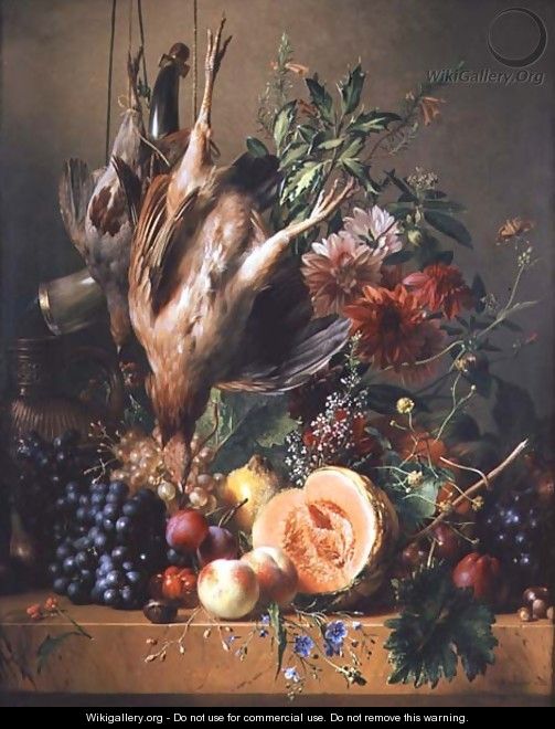 Partridges, grapes, plums, peaches, a melon and chrysanthemums on a ledge - Hendrik Reekers