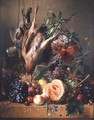 Partridges, grapes, plums, peaches, a melon and chrysanthemums on a ledge - Hendrik Reekers