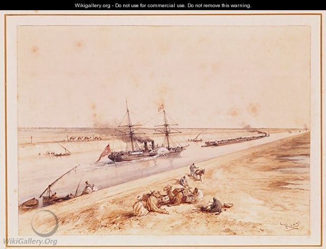 A Turkish Paddle Steamer Going Up the Suez Canal, from a souvenir album to commemorate the Voyage of Empress Eugenie 1826-1920 at the Inauguration in 1869 - Edouard Riou
