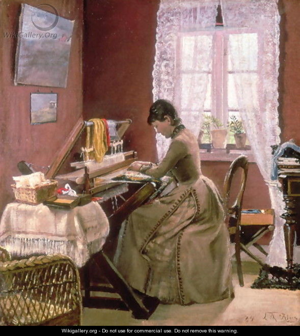 Johanne Wilde, the artists wife, at her loom - Lauritz Andersen Ring