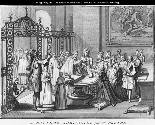 Priest baptising, illustration from Religious Ceremonies and Customs of all the nations of the world, published Amsterdam, 1723 - Bernard Picart