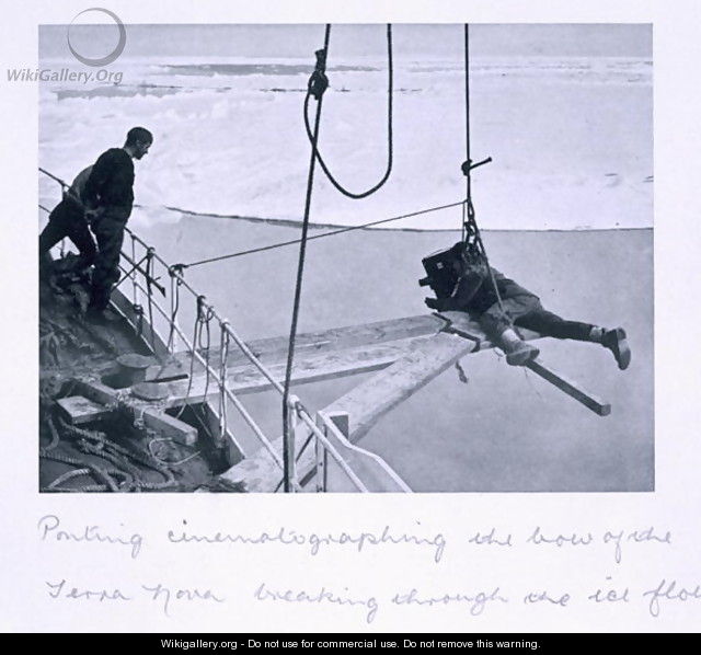 Ponting cinematographing the bow of the Terra Nova breaking through the ice flows, from Scotts Last Expedition - Herbert Ponting