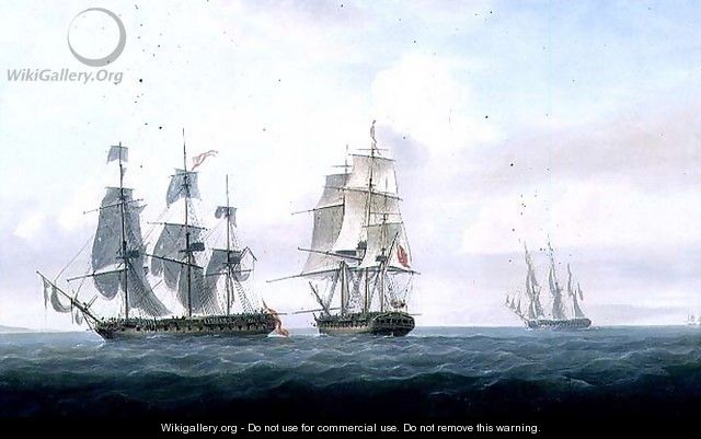 The Spanish frigate La Fama having outsailed the Medusa engages with and surrenders to H.M.S. Lively, c.1806 - Nicholas Pocock