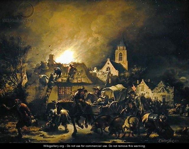 Fire in a village at night, 1655 - Egbert van der Poel