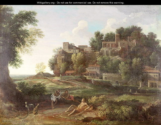 An Italianate wooded landscape with figures resting on a path and a town beyond - Nicolas Poussin