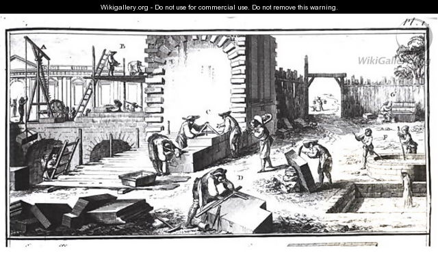Stonemasons at work, engraved by Lucotte - (after) Prevost