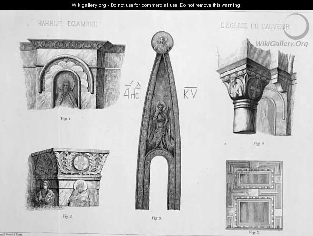 Capitals and architectural details from the narthex of Kahrije Dzamissi, the Church of the Saviour, from Church Architecture of Constantinople, pub. by Lehmann and Wentzel of Vienna, c.1870-80 - (after) Pulgher, D.