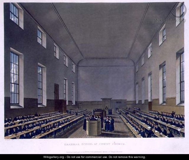 Grammar School of Christ Church, from History of Christs Hospital, part of History of the Colleges, engraved by Joseph Constantine Stadler fl.1780-1812 pub. by R. Ackermann, 1816 - (after) Pugin, Augustus Charles