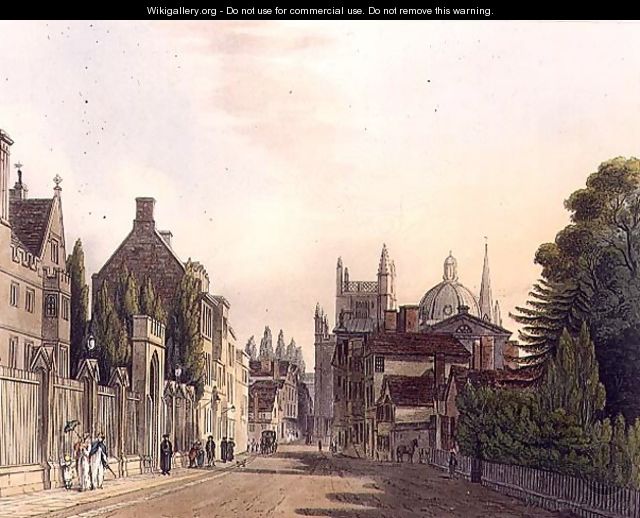 Exterior of Wadham Hall seen from the parks, illustration from the History of Oxford, engraved by J. Hill, pub. by R. Ackermann. 1813 - (after) Pugin, Augustus Charles
