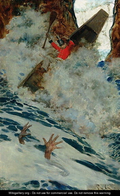 The Boat and I Went by him with a Rush, from Sinbad on Burrator, by Arthur Quiller-Couch 1863-1944, published in Scribners Magazine, August 1902 - Howard Pyle
