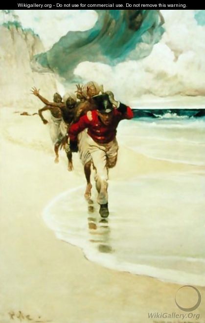 We Started to Run Back to the Raft for our Lives, from Sinbad on Burrator by Arthur Quiller-Couch 1863-1944, published in Scribners Magazine, August 1902 - Howard Pyle