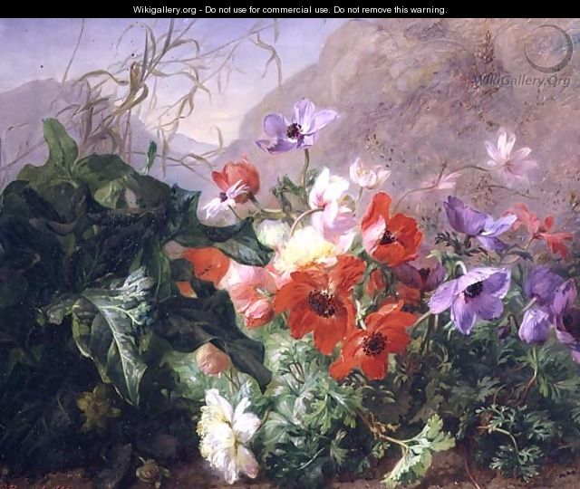 Still Life of Anemones in Undergrowth - Elise Puyroche-Wagner