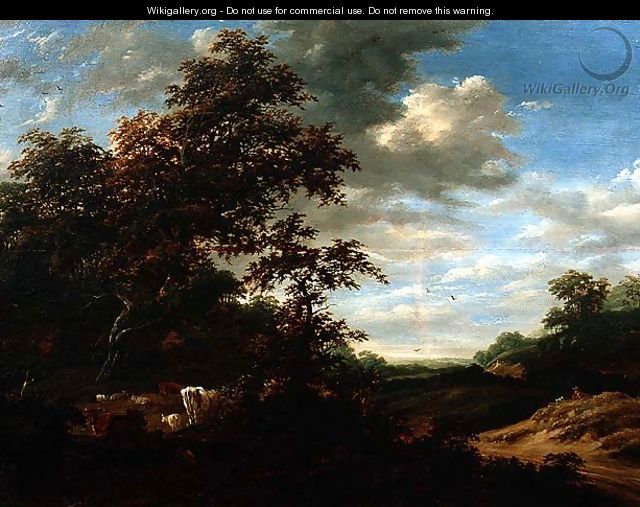 A Wooded Landscape with Cattle - Jacob Salomonsz. Ruysdael