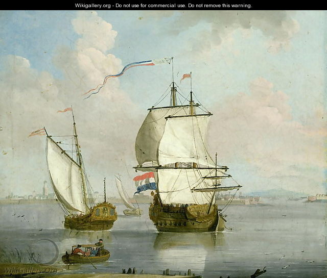 A Dutch East Indian man and a Royal Yacht in an Estuary with a Town Beyond - Francis Swaine