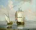 A Dutch East Indian man and a Royal Yacht in an Estuary with a Town Beyond - Francis Swaine