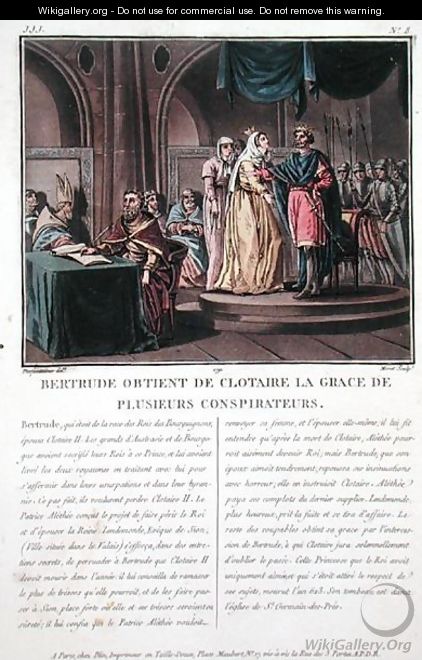Clothaire II, King of the Franks 584-628 is beseeched by his wife Bertrude d.620 to spare the lives of several conspirators, engraved by Jean Baptiste Morret fl.1790-1820, 179 - (after) Swebach, Jacques Francois Joseph