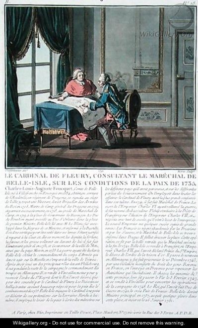 Cardinal de Fleury 1653-1743 consults with Marechal de Belle-Isle 1684-1761 on the conditions of the Peace, 1735, engraved by Jean Baptiste Morret fl.1790-1820, 1791 - (after) Swebach, Jacques Francois Joseph