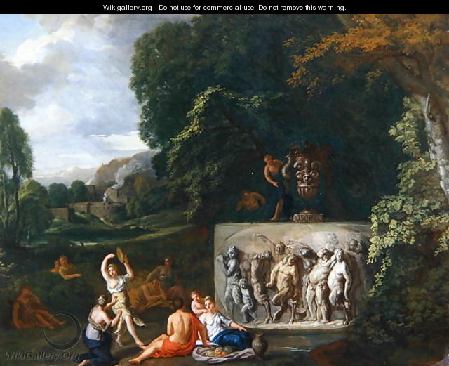 A Classical landscape with maidens dancing by a sarcophagus depicting the Triumph of Silenus - Pieter Rysbrack