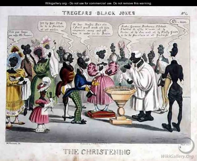 The Christening, from Tregears Black Jokes, aquatinted by Hunt, published by T.S. Tregear, London, 1834 - (after) Summers, W.