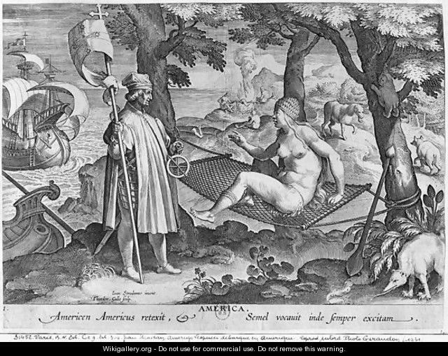 Amerigo Vespucci 1454-1512 landing in America, engraved by Theodor Galle 1571-1633 - (after) Straet, Jan van der (Giovanni Stradano)