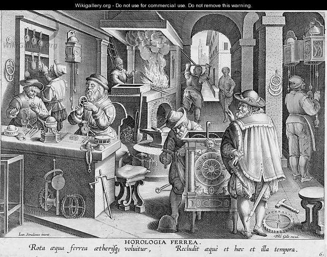 The Invention of Iron Mechanical Clocks, plate 6 from Nova Reperta New Discoveries engraved by Philip Galle 1537-1612 c.1600 - (after) Straet, Jan van der (Giovanni Stradano)