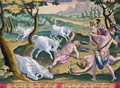 Unicorns on the Banks of the Indus, Hunted by Permission of the King, plate 29 from Venationes Ferarum, Avium, Piscium Of Hunting Wild Beasts, Birds, Fish engraved by Jan Collaert 1566-1628 published by Phillipus Gallaeus of Amsterdam - Jan van der (Joannes Stradanus) Straet