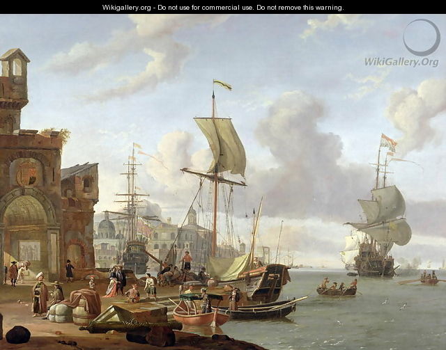 A capriccio Mediterranean harbour scene, 1678 - Abraham Storck