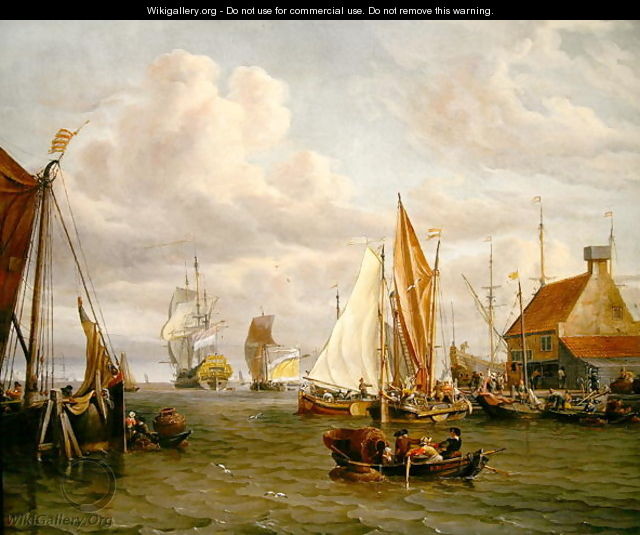 Dutch Men of War and Fishing Boats in a Port - Abraham Storck
