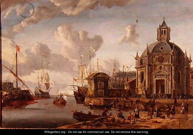 A capriccio Mediterranean harbour with a galley at anchor - Abraham Storck