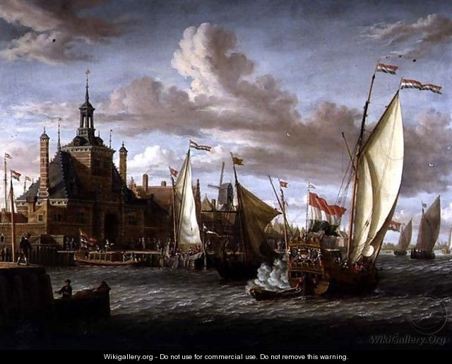 A Zeeland States Yacht Firing a Salute off the Dude Hoofdpoort, Rotterdam - Jacobus Storck