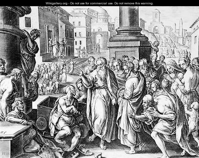 Saints Paul and Barnabas Preaching in Lystra, engraved by P. Galleus - (after) Straet, Jan van der (Giovanni Stradano)