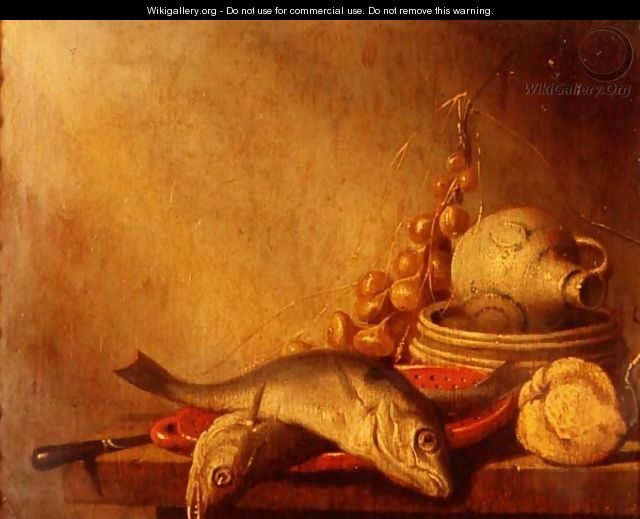A pan of fish, a stoneware jug, onions and fruit - Harmen van Steenwyck