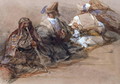 Group of Arab figures, two smoking a cubuk - David Roberts