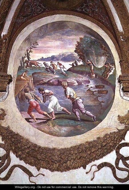 Scene showing that those born under the sign of Cancer in conjunction with the constellation of Mars are imparted with an aptitude for hunting and fishing, symbolised by a scene of fishing with nets, from the Camera dei Venti, 1528 - Giulio Romano (Orbetto)