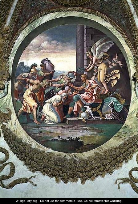 Scene showing that those born under the sign of Aquarius in conjunction with the constellation of Aquila are imparted with warlike virtues, symbolised by a scene of triumph, from the Camera dei Venti, 1528 - Giulio Romano (Orbetto)