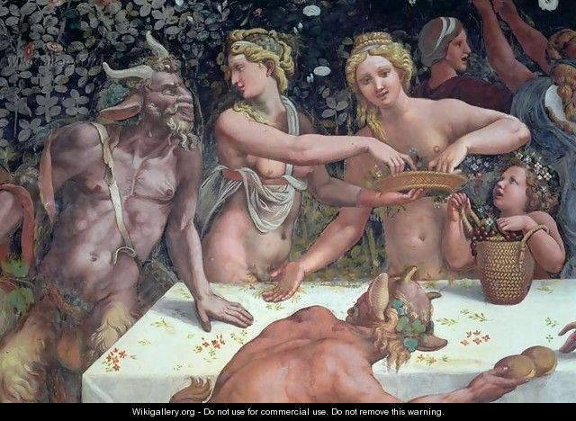 Two Horae scattering flowers, watched by two satyrs, detail of the rustic banquet celebrating the marriage of Cupid and Psyche from the Sala di Amore e Psiche, 1528 - Giulio Romano (Orbetto)